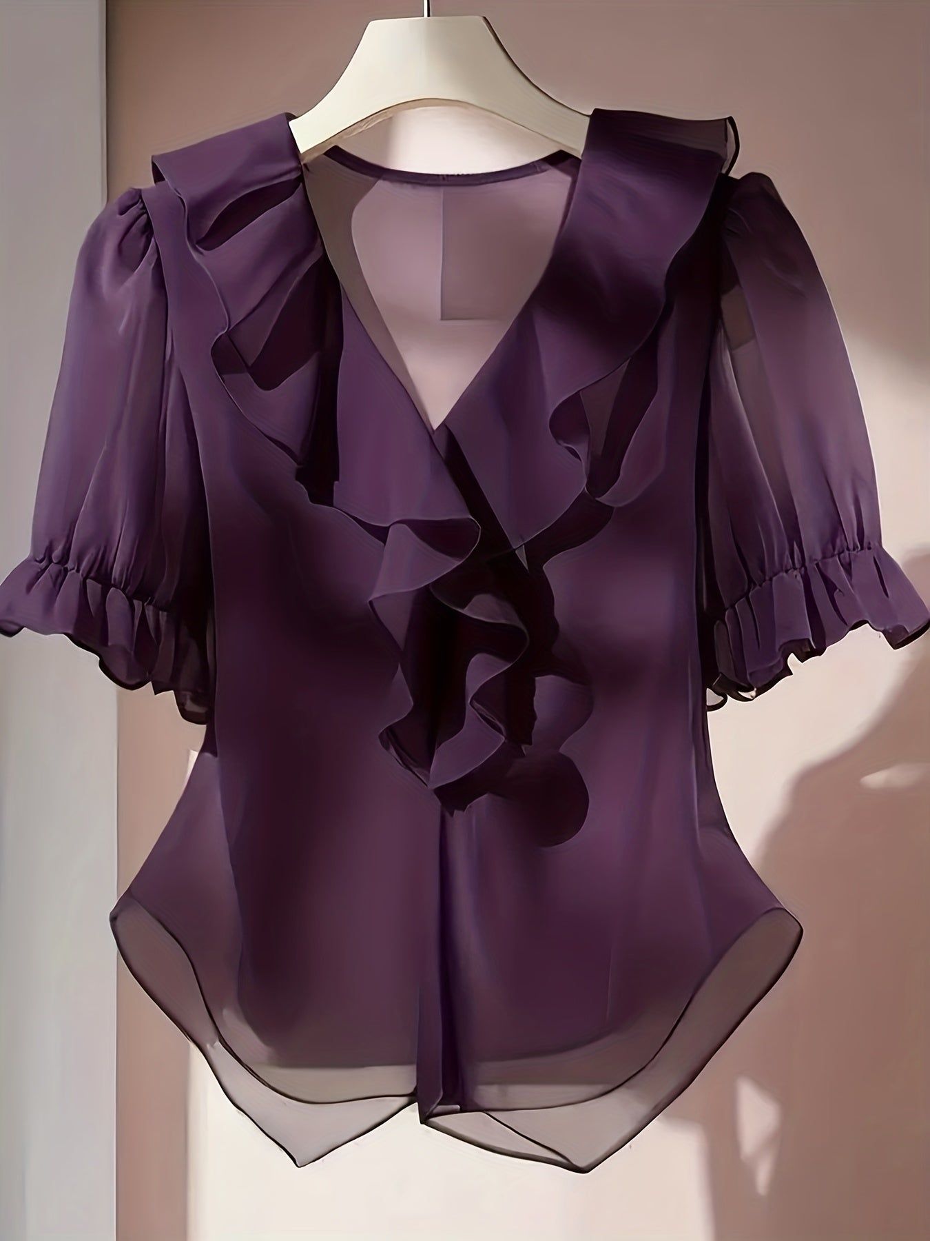 Elegant V-Neck Short-Sleeve Blouse with Ruffled Collar - Sheer Suitable for - Wear, Machine Washable Casual to Dressy   OAXG Pink / S