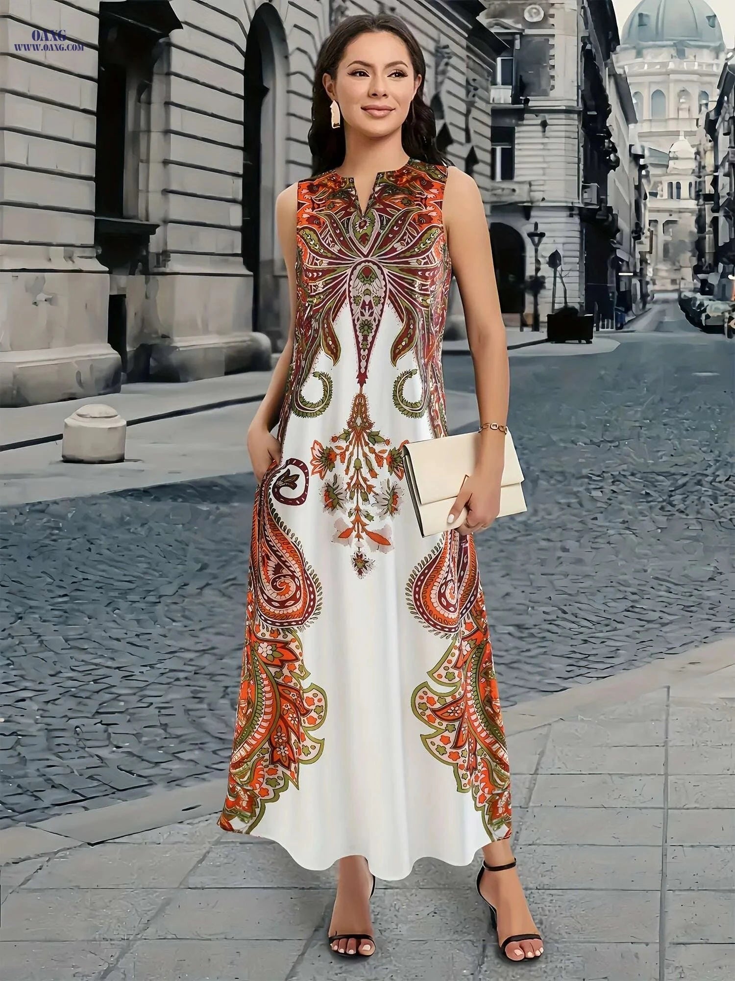 Elegant V-Neck Sleeveless Kaftan Dress - Loose Fit A-Line Maxi   OAXG Multicolor / S