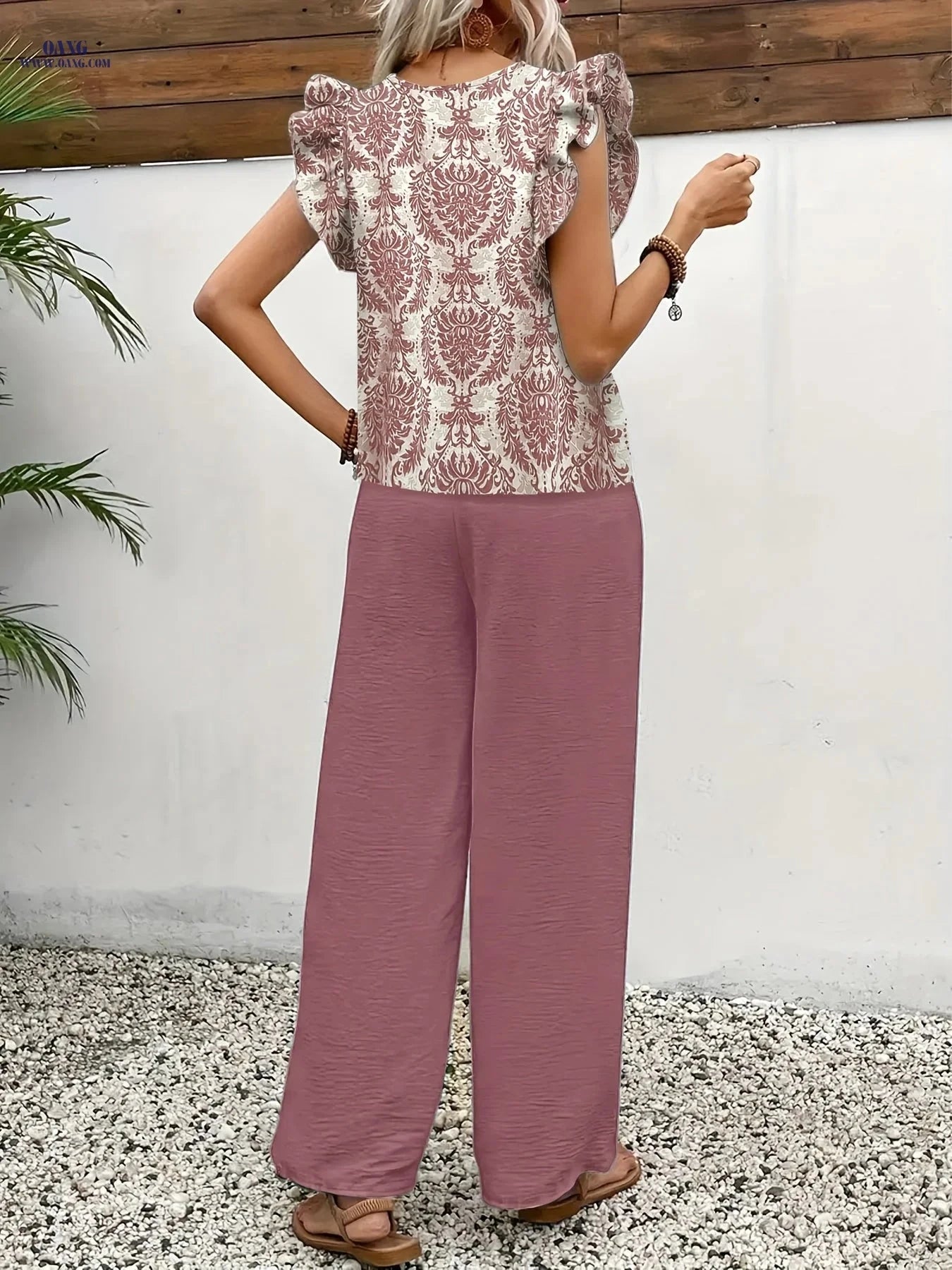 Elegant V-Neck Summer Two-Piece Set - Printed Blouse & Wide-Leg Pants   OAXG Pink / S