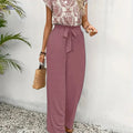 Elegant V-Neck Summer Two-Piece Set - Printed Blouse & Wide-Leg Pants   OAXG 