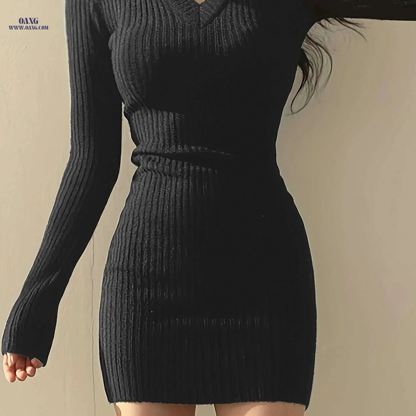 Elegant V Neck Sweater Dress - Long Sleeve Bodycon for Fall   OAXG 