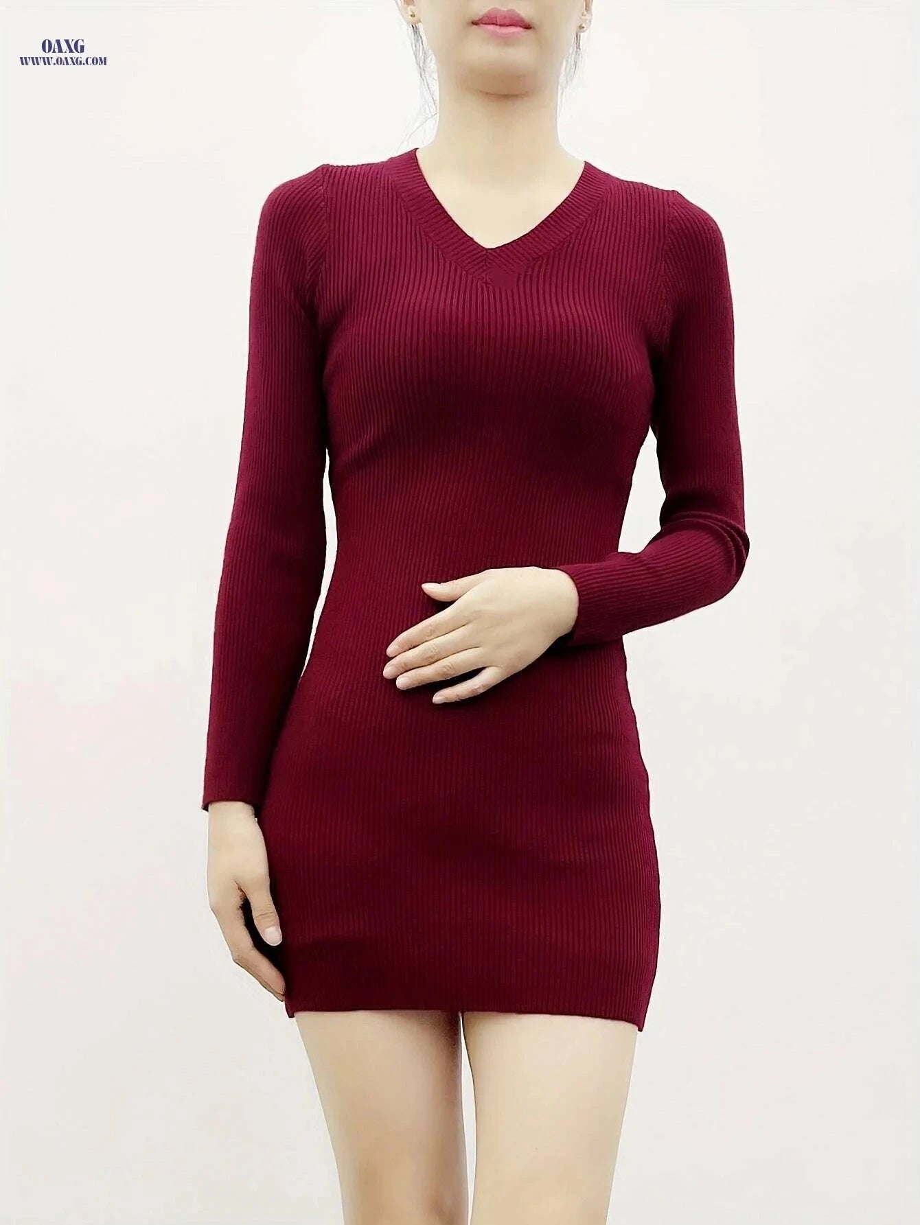 Elegant V Neck Sweater Dress - Long Sleeve Bodycon for Fall   OAXG 