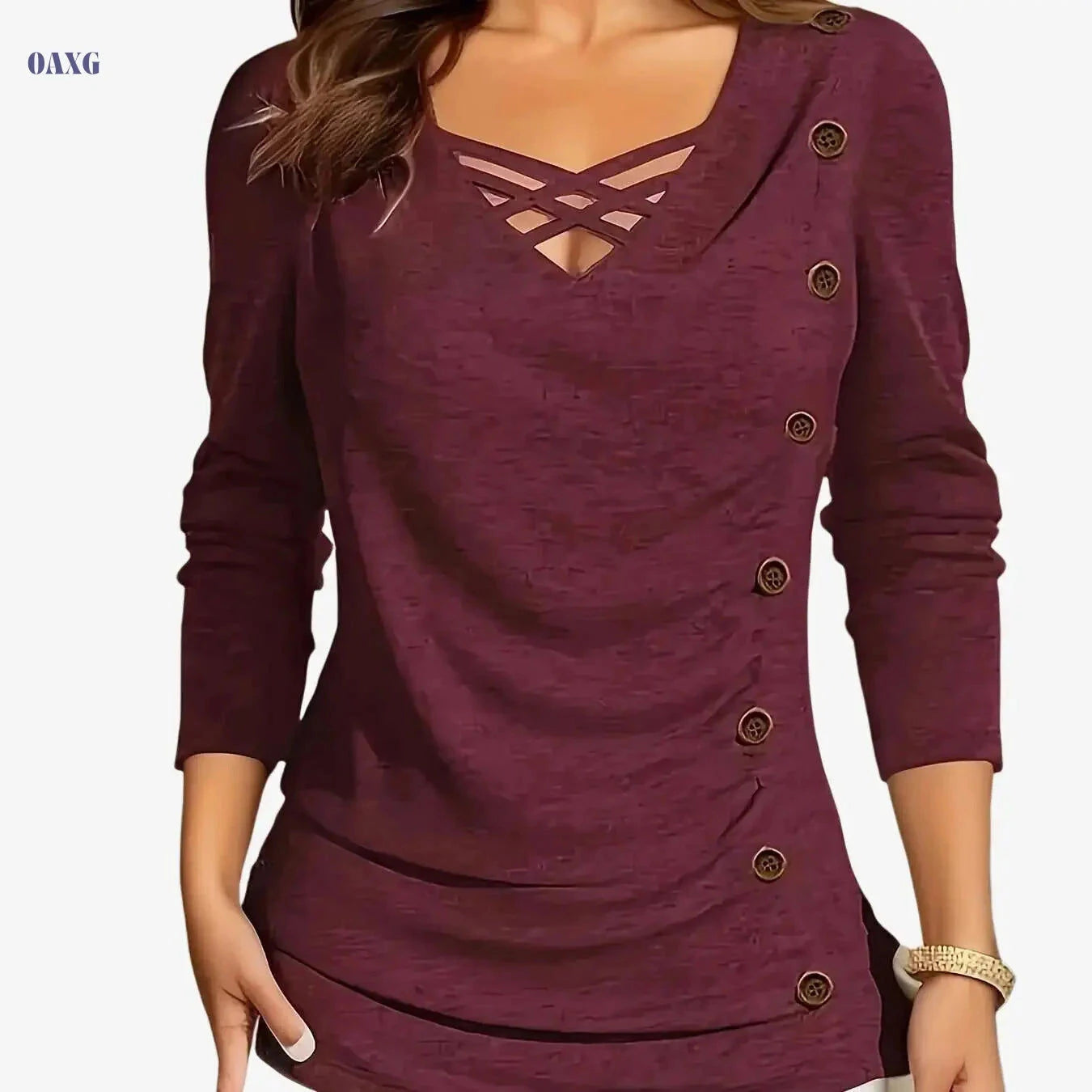 Elegant V-Neck Women’s Blouse - Loose Fit for Fall/Winter Wear   OAXG 