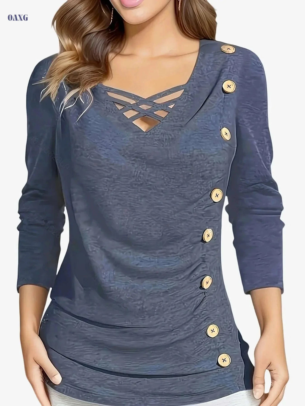 Elegant V-Neck Women’s Blouse - Loose Fit for Fall/Winter Wear   OAXG 