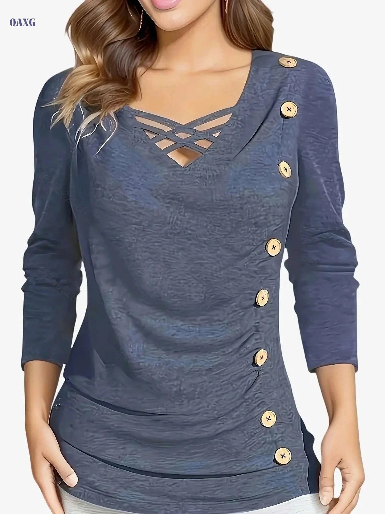 Elegant V-Neck Women’s Blouse - Loose Fit for Fall/Winter Wear   OAXG 