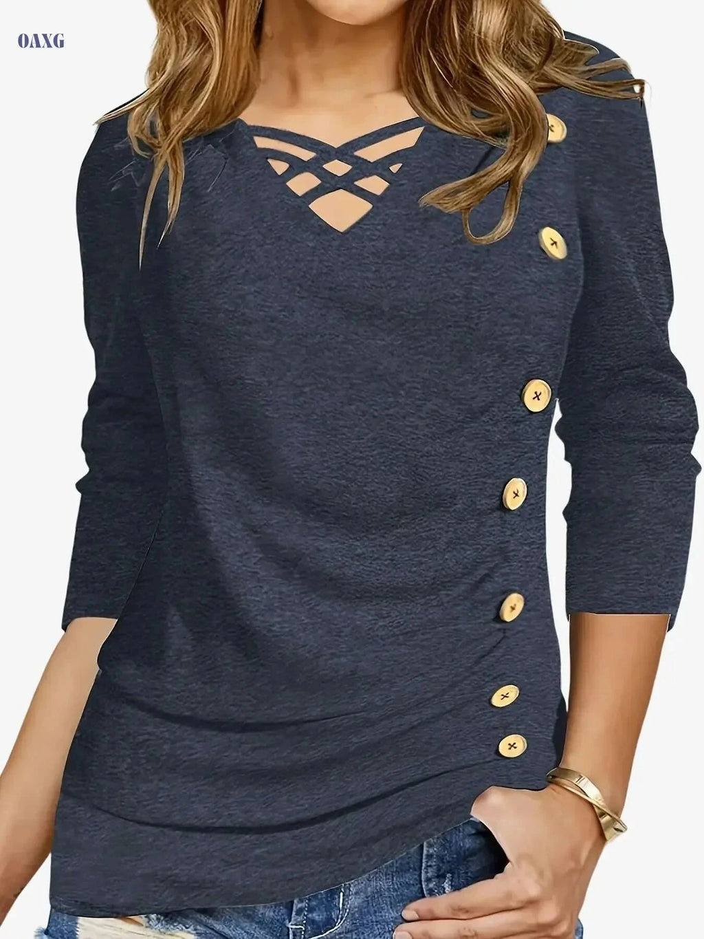 Elegant V-Neck Women’s Blouse - Loose Fit for Fall/Winter Wear   OAXG crimson / S