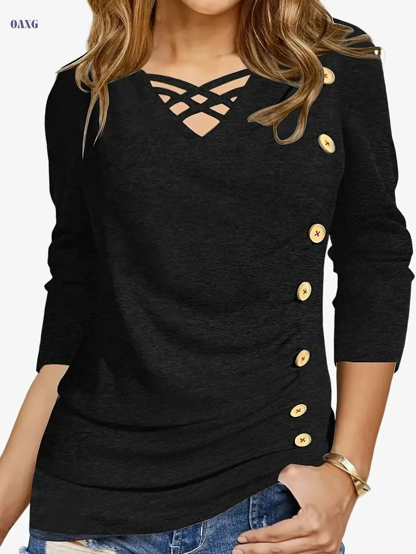 Elegant V-Neck Women’s Blouse - Loose Fit for Fall/Winter Wear   OAXG crimson / S