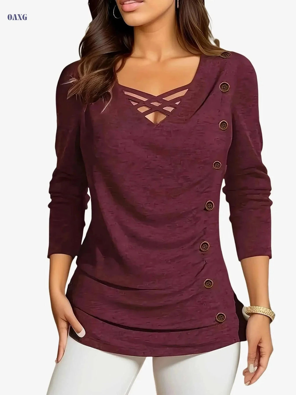Elegant V-Neck Women’s Blouse - Loose Fit for Fall/Winter Wear   OAXG 