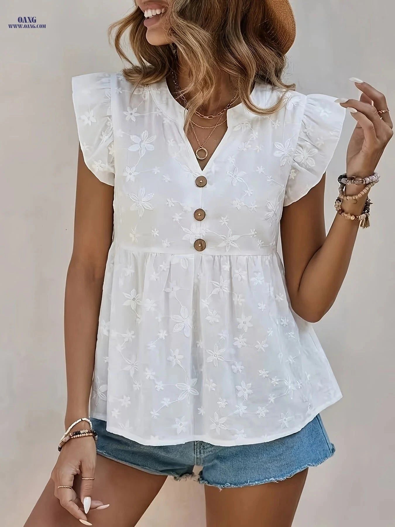 Elegant V-Neck Women’s Blouse - Stylish Ruffle Sleeve Top   OAXG White / S