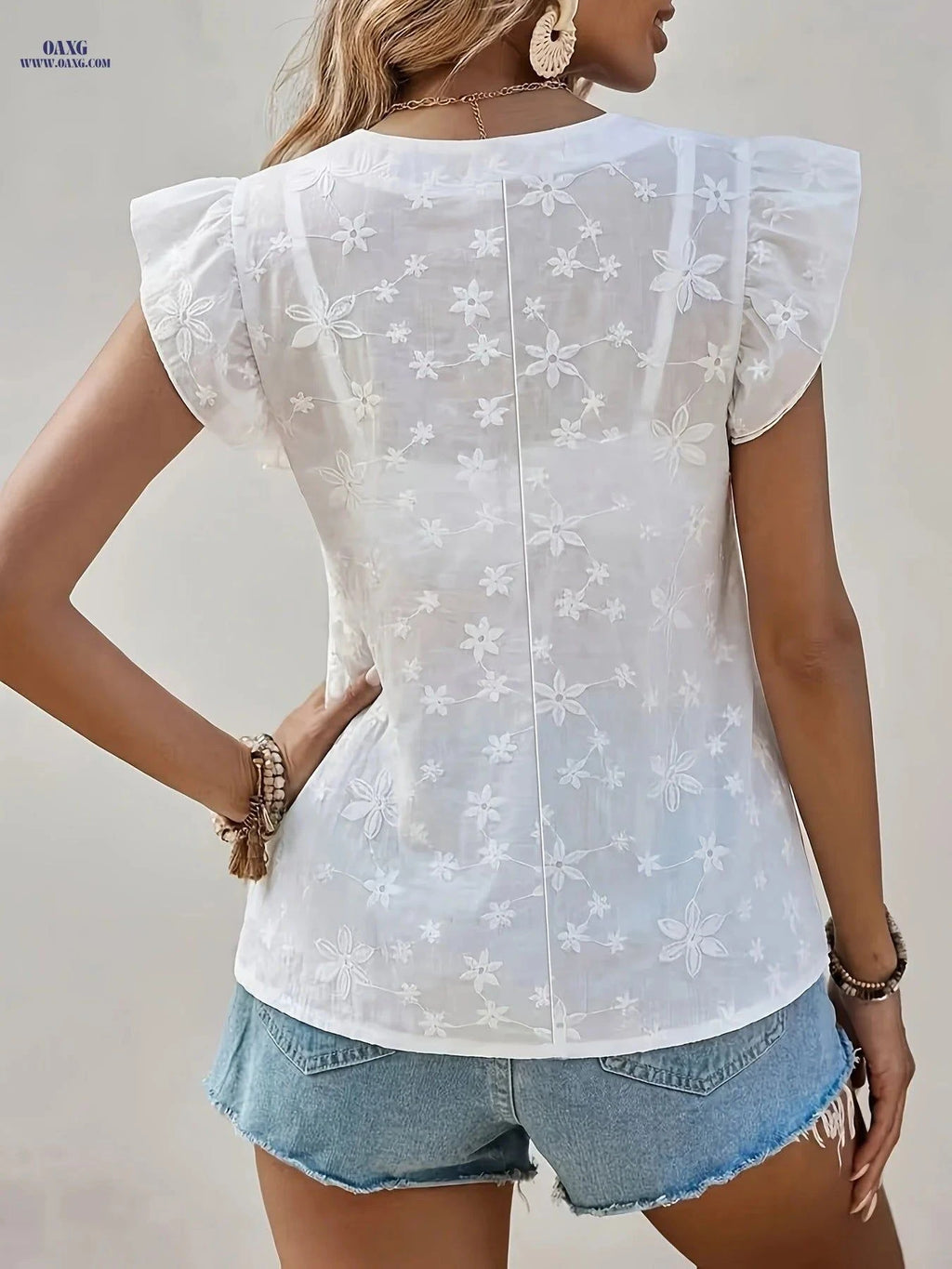Elegant V-Neck Women’s Blouse - Stylish Ruffle Sleeve Top   OAXG White / S