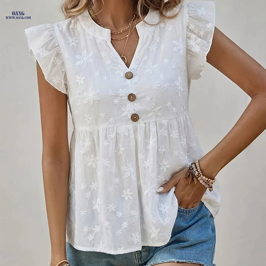 Elegant V-Neck Women’s Blouse - Stylish Ruffle Sleeve Top   OAXG White / S