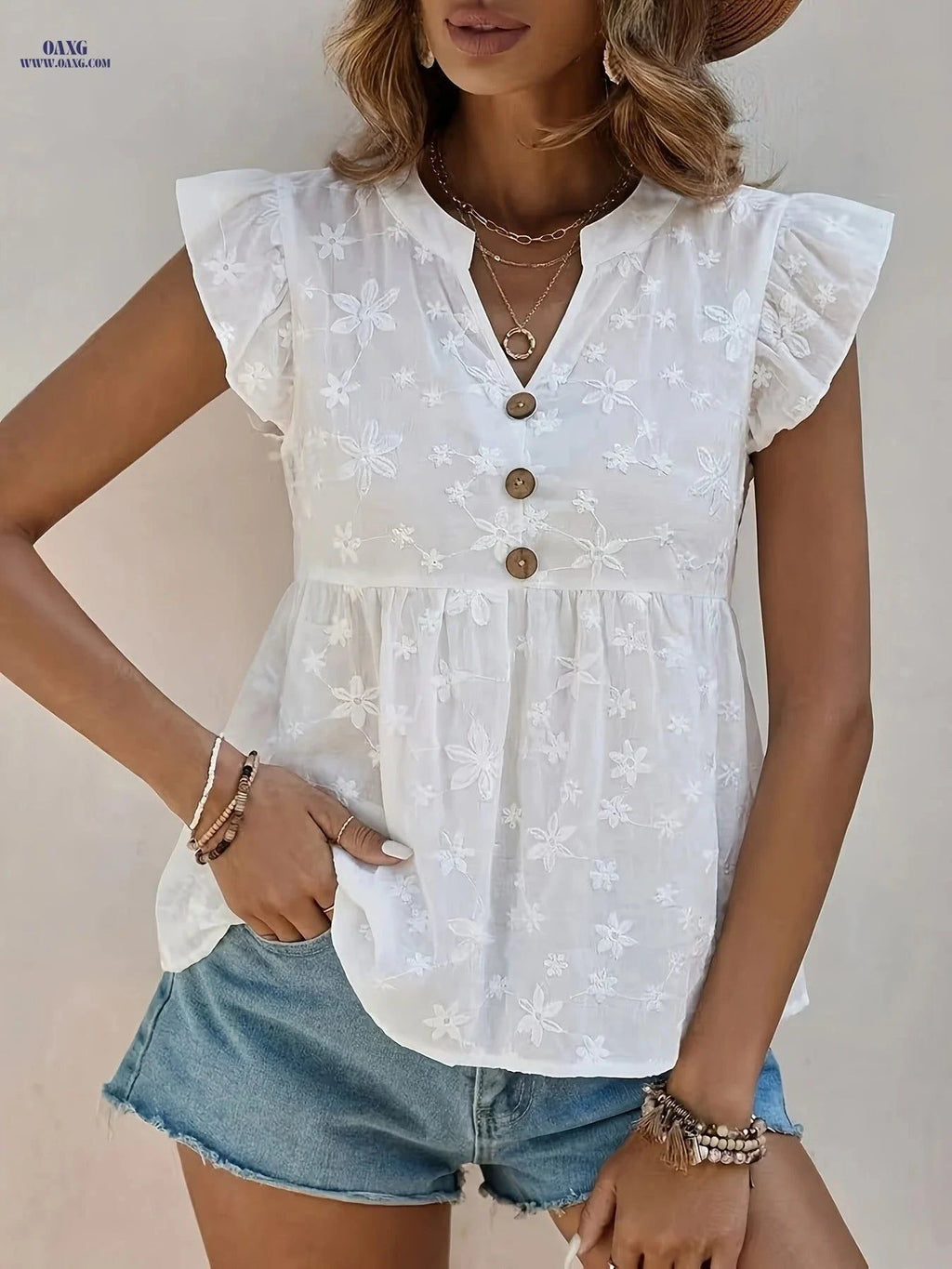 Elegant V-Neck Women’s Blouse - Stylish Ruffle Sleeve Top   OAXG White / S