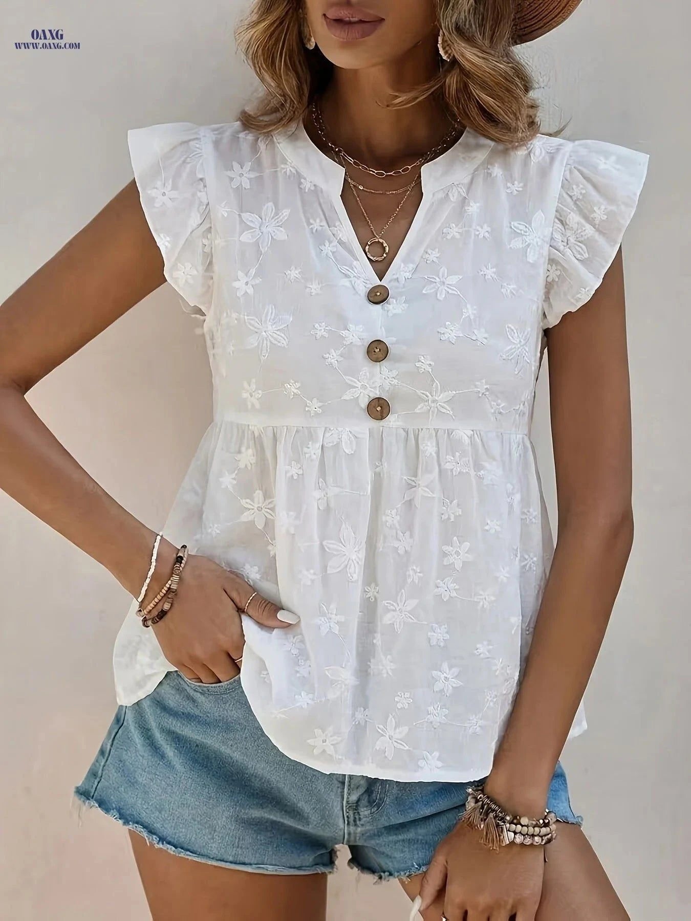 Elegant V-Neck Women’s Blouse - Stylish Ruffle Sleeve Top   OAXG White / S