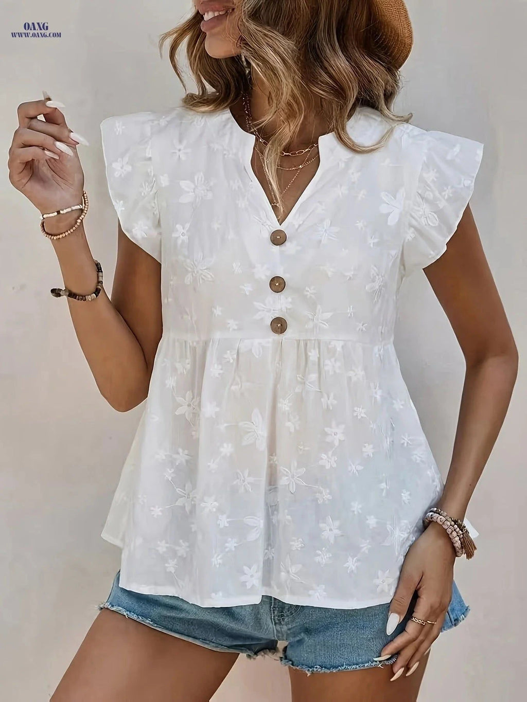 Elegant V-Neck Women’s Blouse - Stylish Ruffle Sleeve Top   OAXG White / S