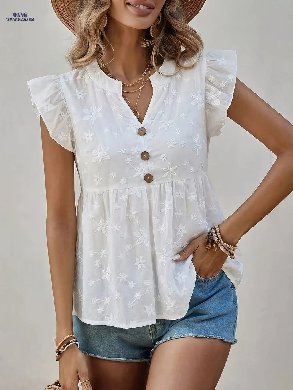 Elegant V-Neck Women’s Blouse - Stylish Ruffle Sleeve Top   OAXG White / S