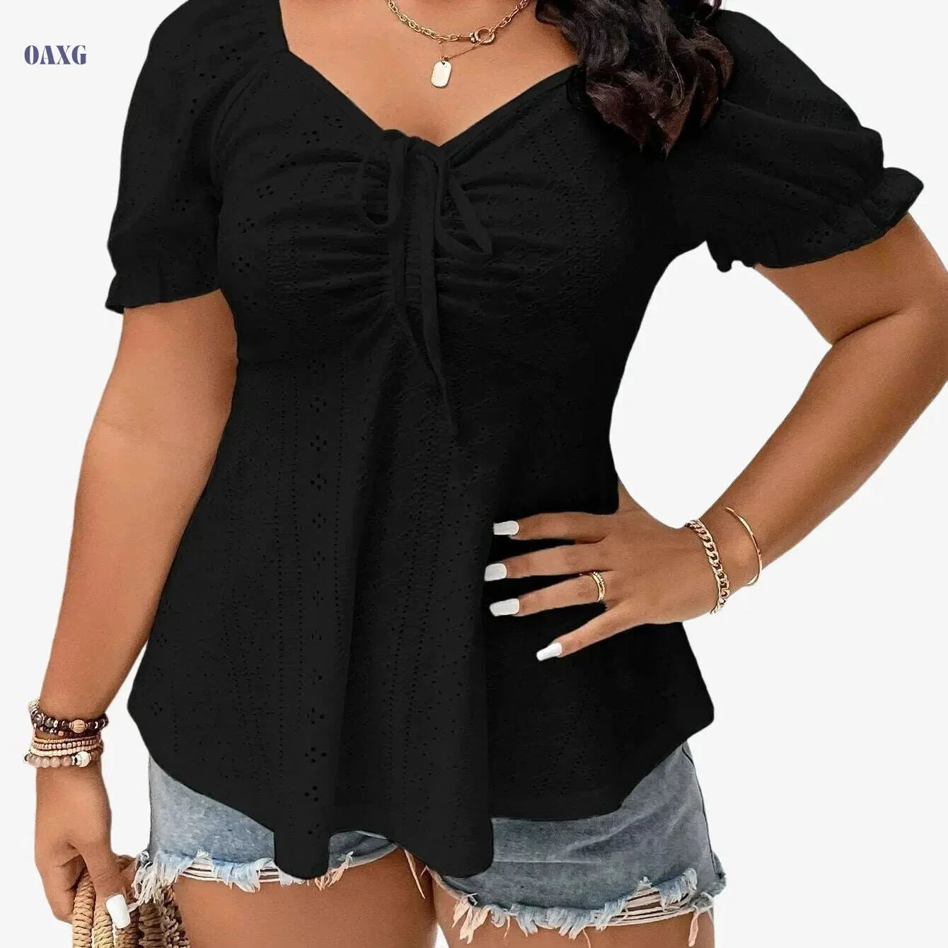 Elegant V-Neck Women's T-Shirt - Puff Sleeves & Drawstring Waist   OAXG White / S