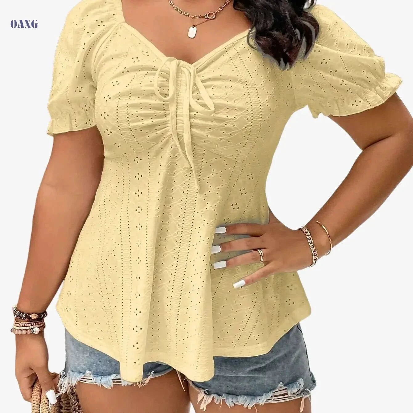 Elegant V-Neck Women's T-Shirt - Puff Sleeves & Drawstring Waist   OAXG White / S