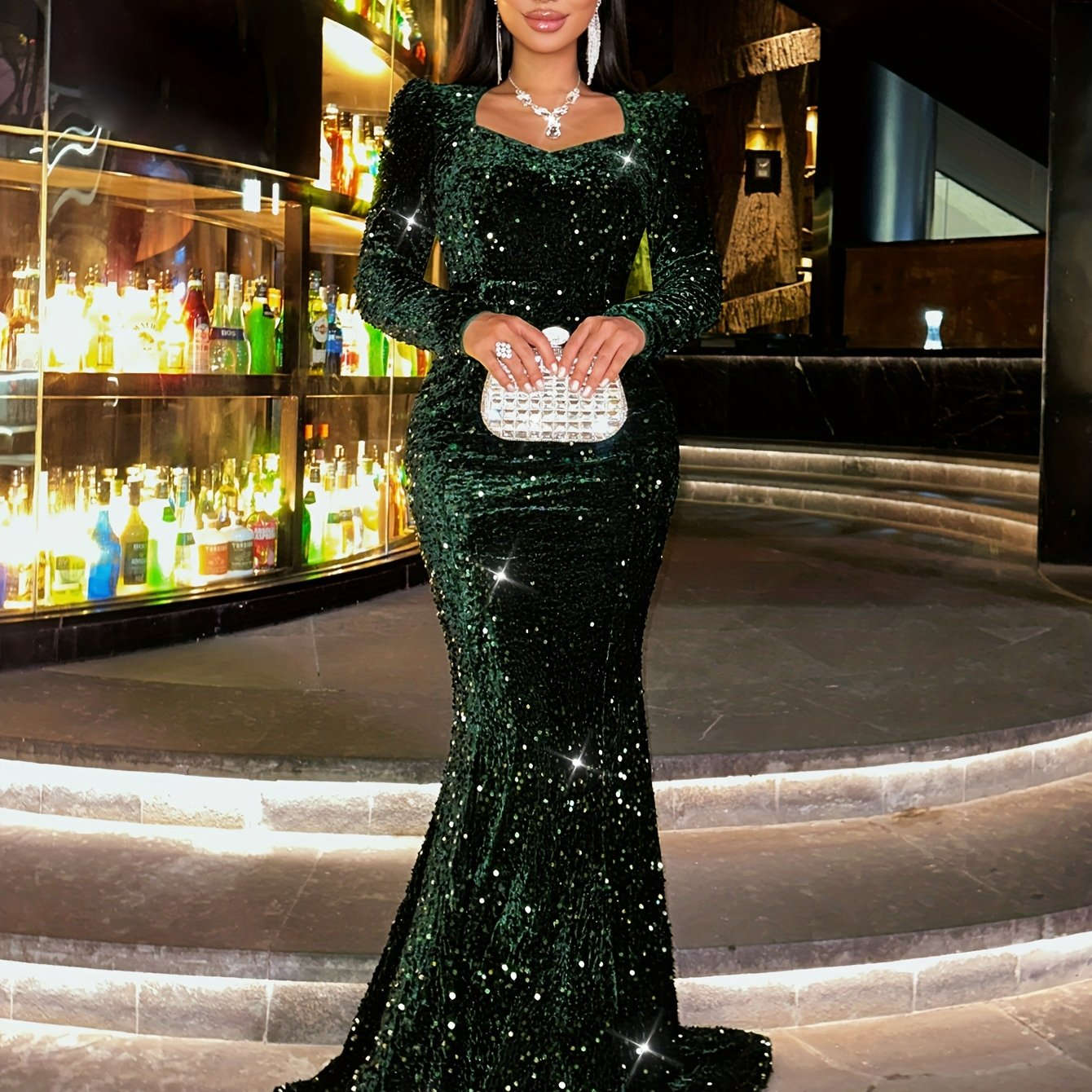 Elegant Velvet Sequin Bodycon Dress - Long Sleeve Mermaid Hem   OAXG 