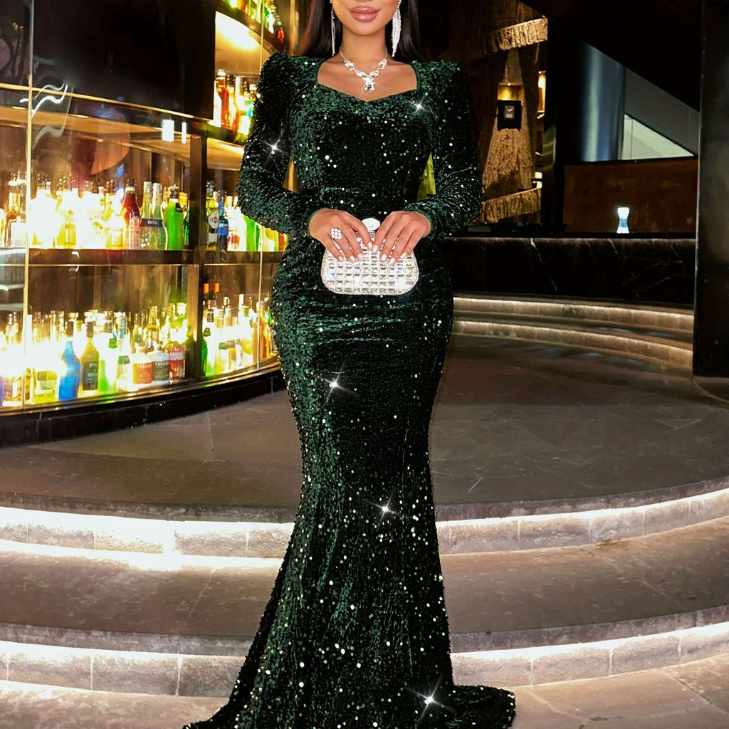 Elegant Velvet Sequin Bodycon Dress - Long Sleeve Mermaid Hem   OAXG 