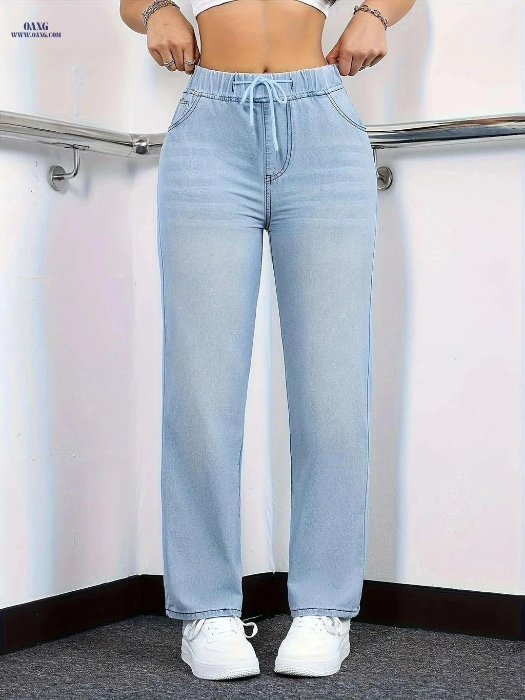 Elegant Washed Blue Jeans for Women - Drawstring Elastic Waist   OAXG Blue / S
