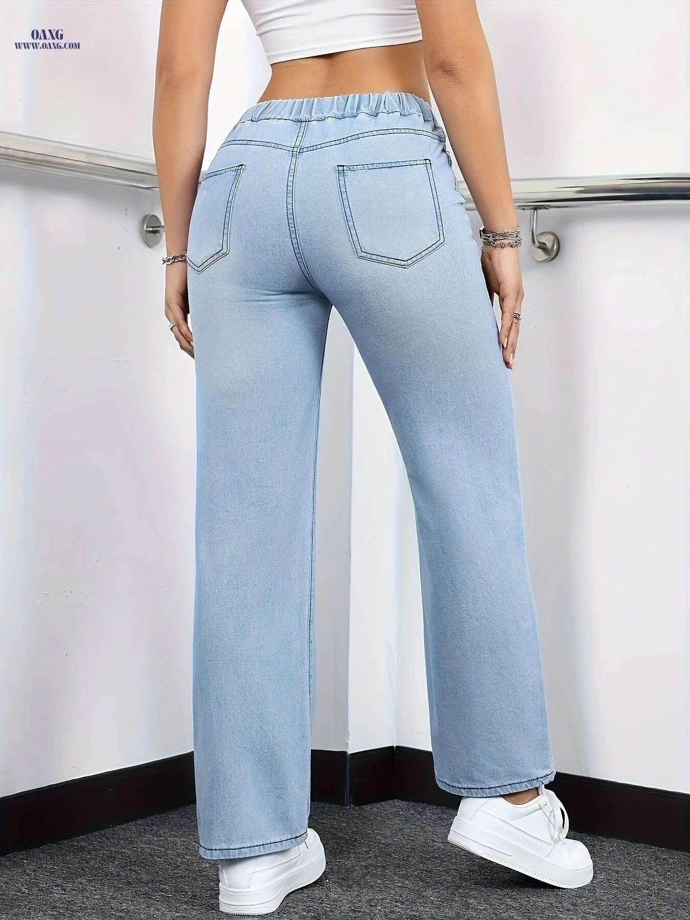 Elegant Washed Blue Jeans for Women - Drawstring Elastic Waist   OAXG Blue / S