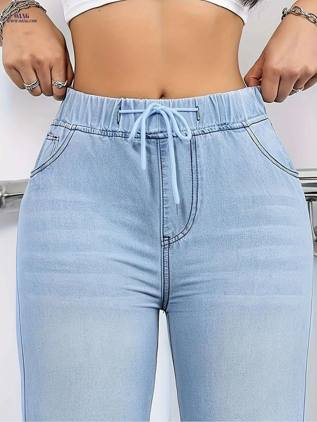 Elegant Washed Blue Jeans for Women - Drawstring Elastic Waist   OAXG Blue / S