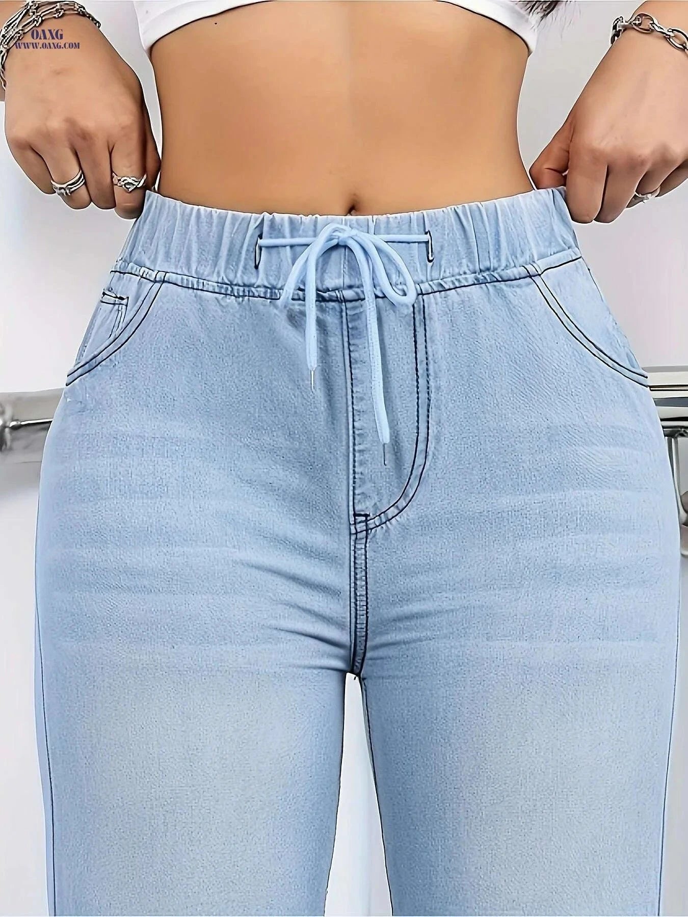 Elegant Washed Blue Jeans for Women - Drawstring Elastic Waist   OAXG Blue / S