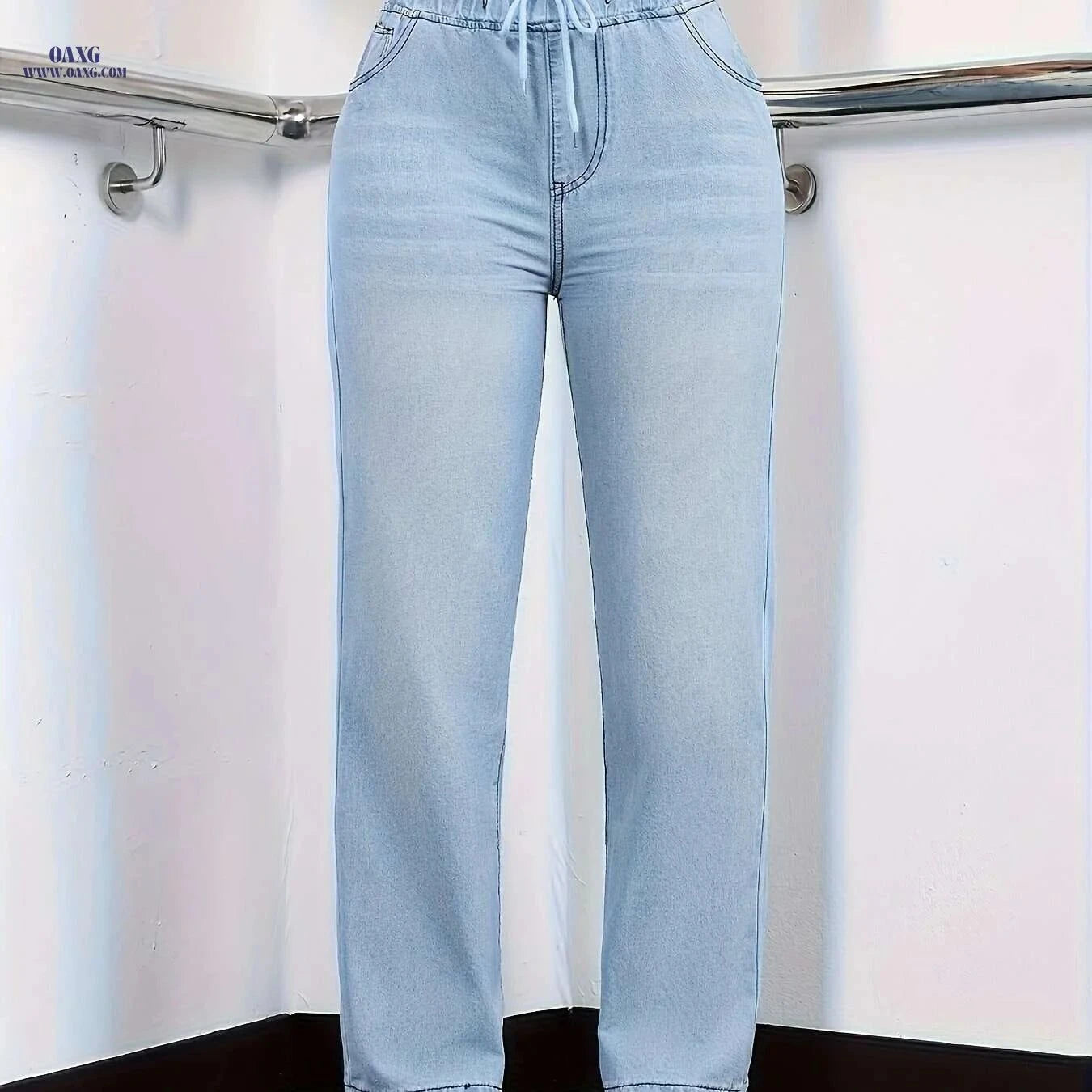 Elegant Washed Blue Jeans for Women - Drawstring Elastic Waist   OAXG Blue / S