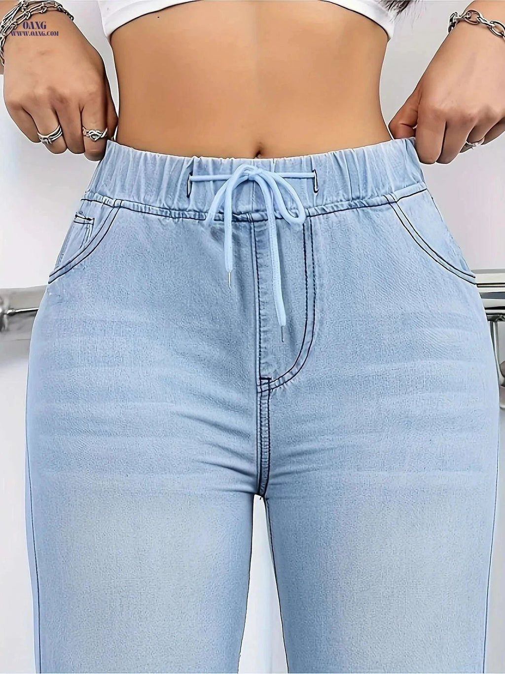 Elegant Washed Blue Jeans for Women - Drawstring Elastic Waist   OAXG Blue / S
