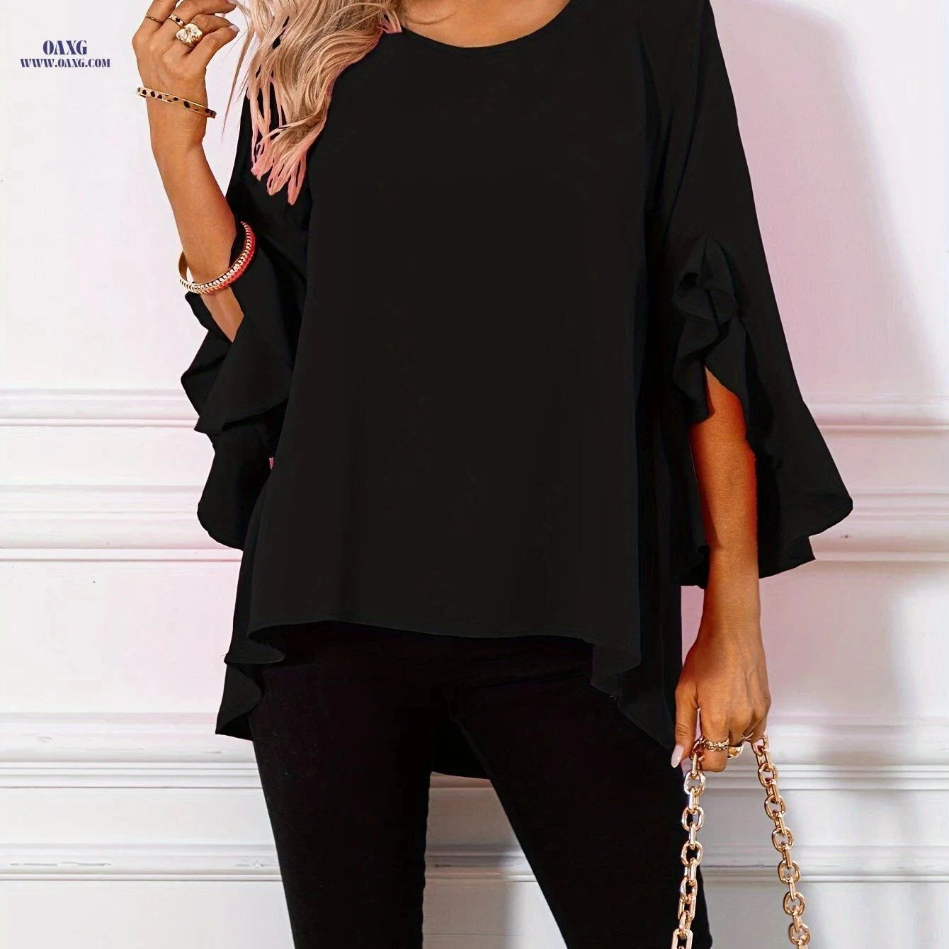 Elegant Wavy Hem Long Women's Top - 100% Polyester, Crew Neck   OAXG Bright Pink Color / S