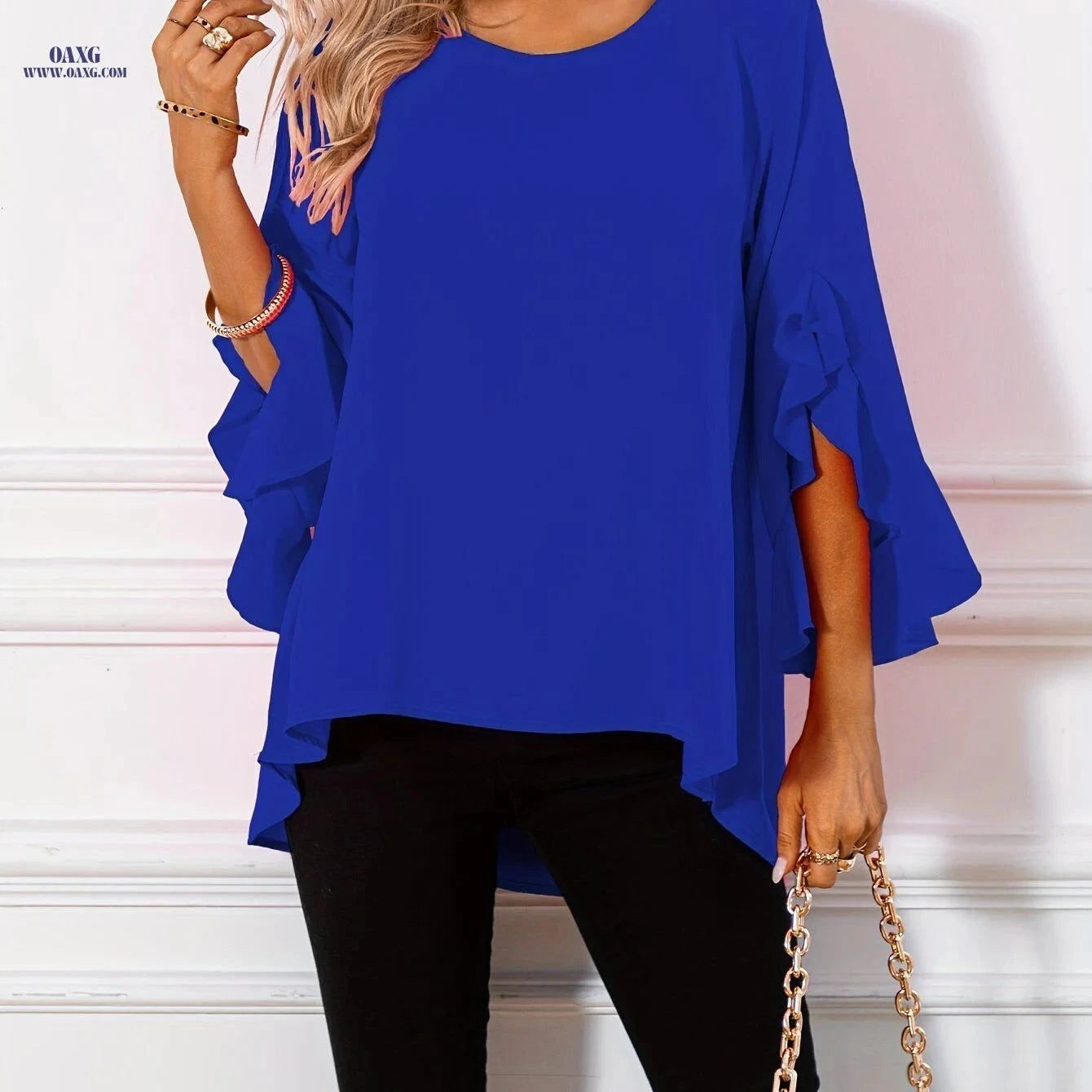 Elegant Wavy Hem Long Women's Top - 100% Polyester, Crew Neck   OAXG Bright Pink Color / S