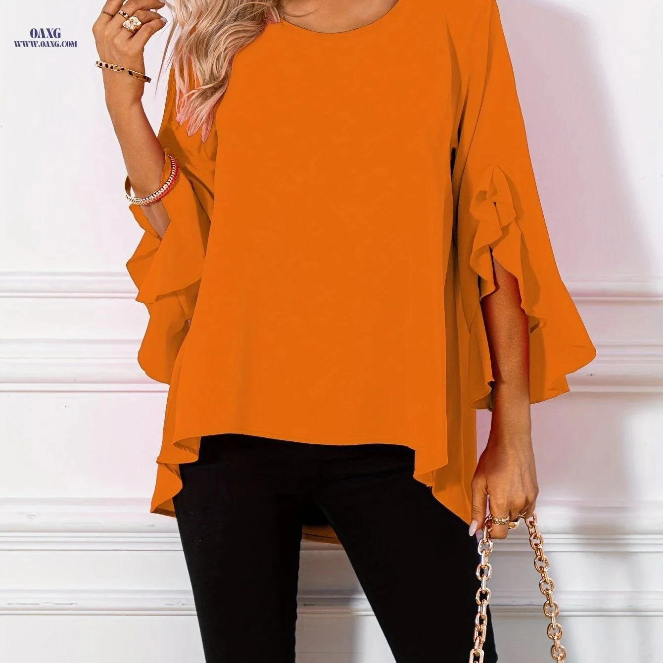 Elegant Wavy Hem Long Women's Top - 100% Polyester, Crew Neck   OAXG Bright Pink Color / S