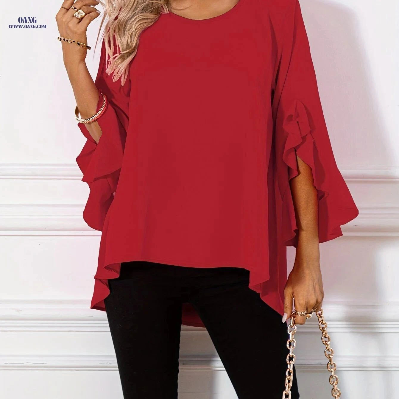 Elegant Wavy Hem Long Women's Top - 100% Polyester, Crew Neck   OAXG Bright Pink Color / S