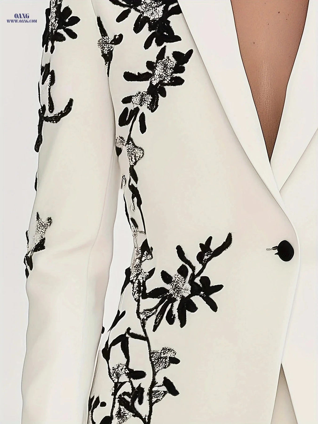 Elegant White Suit for Women - Black Embroidery, Long Sleeve Style   OAXG 