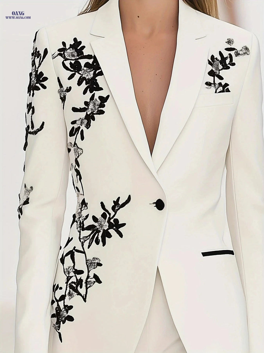 Elegant White Suit for Women - Black Embroidery, Long Sleeve Style   OAXG 