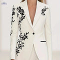 Elegant White Suit for Women - Black Embroidery, Long Sleeve Style   OAXG 