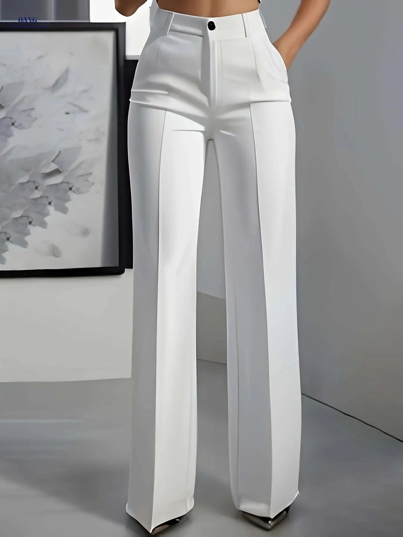 Elegant White Trousers for Women - Button Closure, Versatile Style   OAXG 