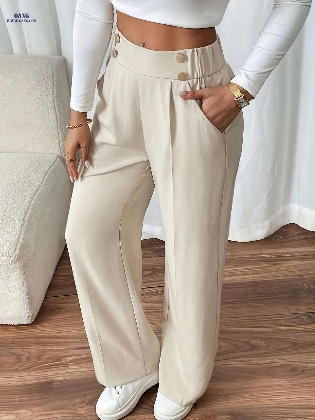 Elegant Wide-Leg Pants for Women - High Waist, Casual Style   OAXG 