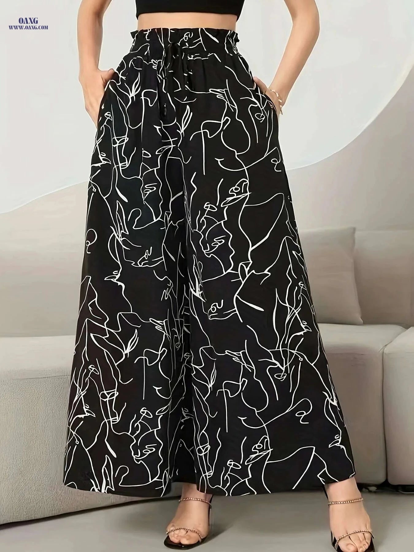 Elegant Wide Leg Pants for Women - Loose Drawstring Style with Pockets   OAXG Black / S