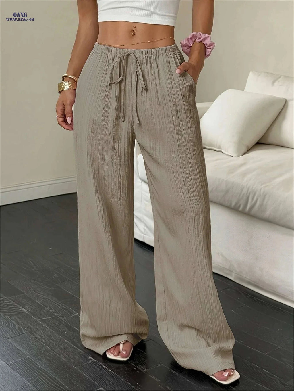 Elegant Wide-Leg Pants - Women's Solid Color Trousers with Pockets   OAXG Khaki 1 / S