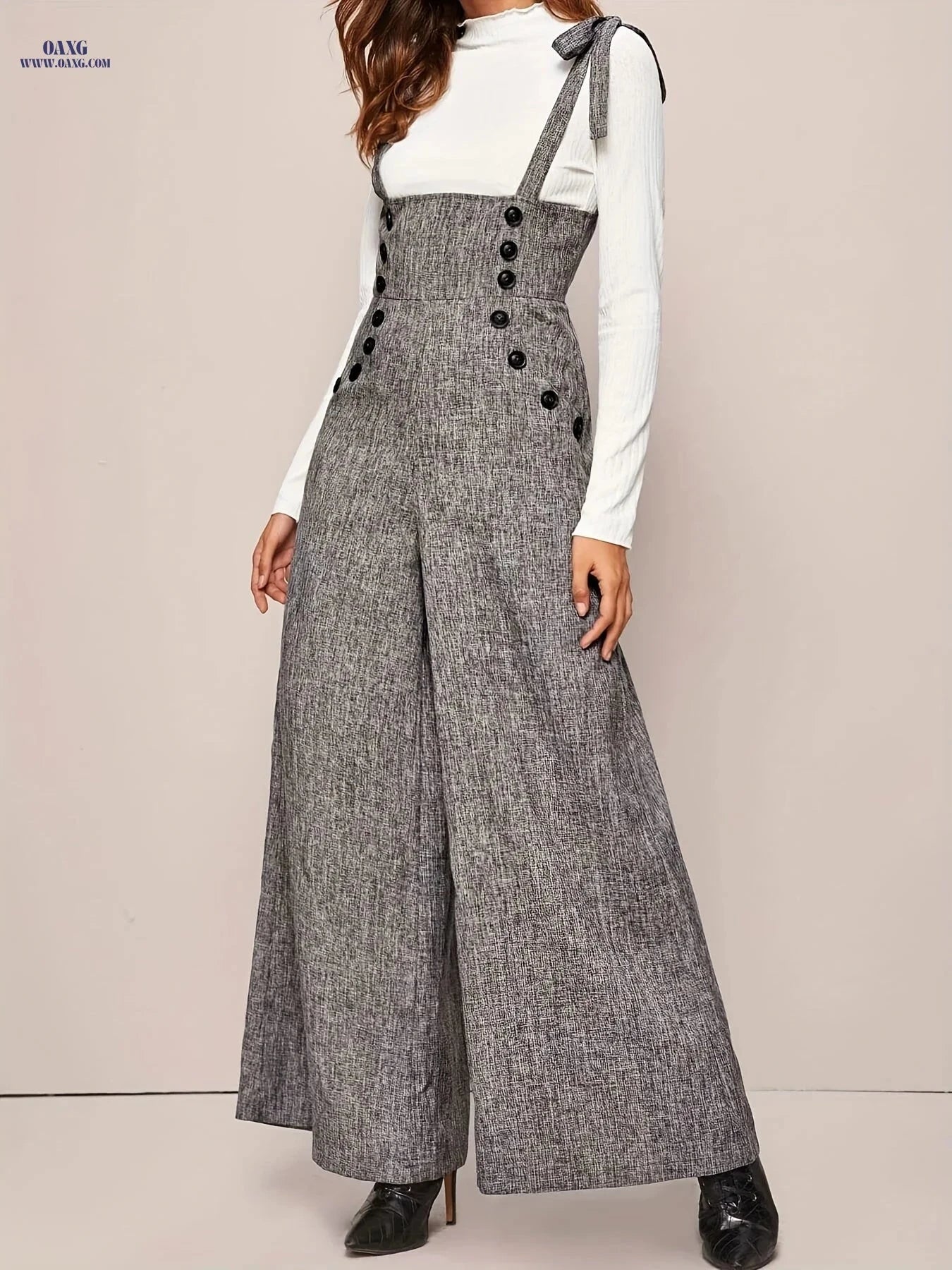 Elegant Wide-Leg Strap Jumpsuit - Thoughtful Directional Button Design   OAXG 