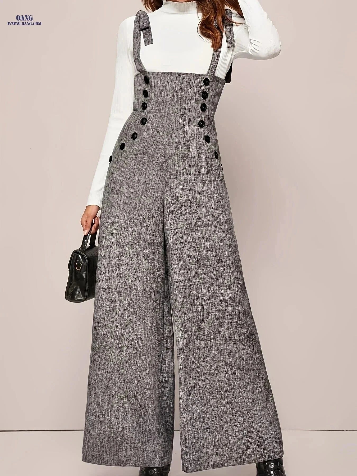 Elegant Wide-Leg Strap Jumpsuit - Thoughtful Directional Button Design   OAXG Grey / S