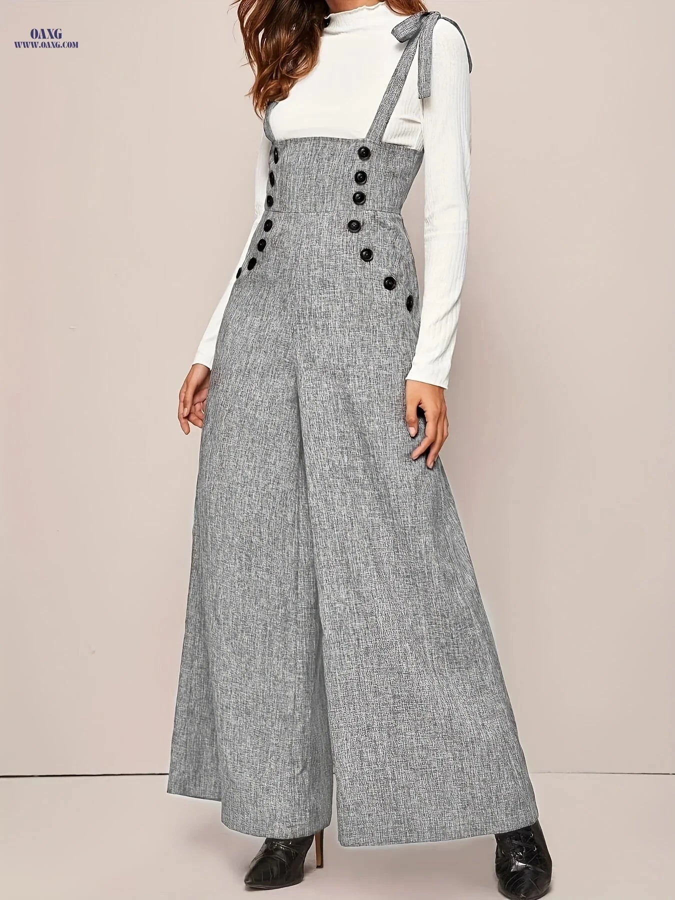 Elegant Wide-Leg Strap Jumpsuit - Thoughtful Directional Button Design   OAXG Grey / S