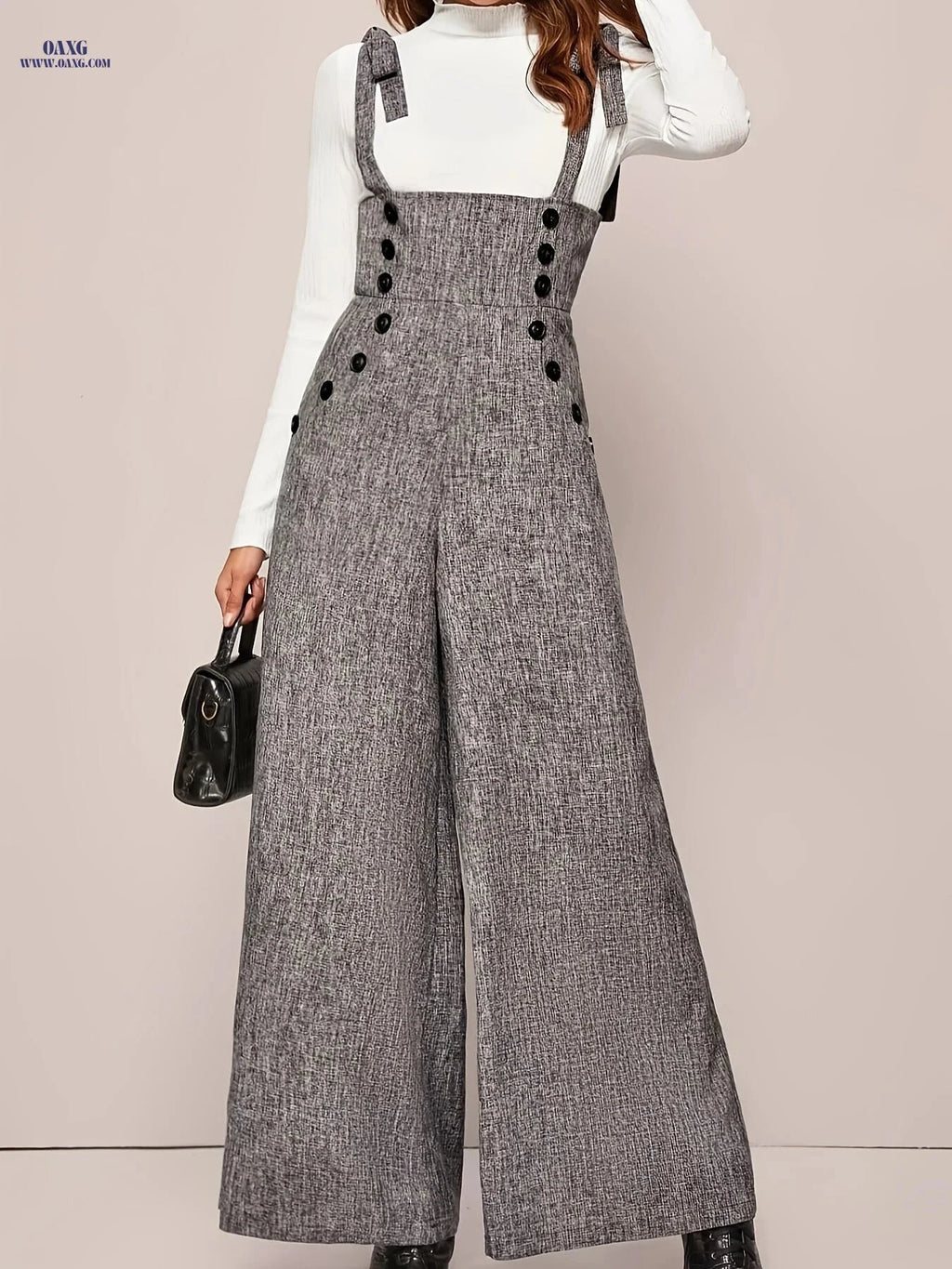 Elegant Wide-Leg Strap Jumpsuit - Thoughtful Directional Button Design   OAXG Grey / S