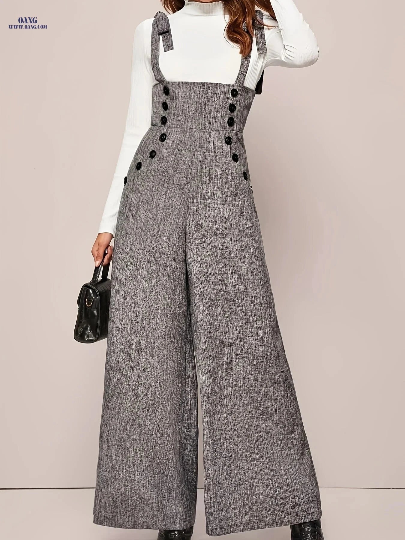 Elegant Wide-Leg Strap Jumpsuit - Thoughtful Directional Button Design   OAXG Grey / S