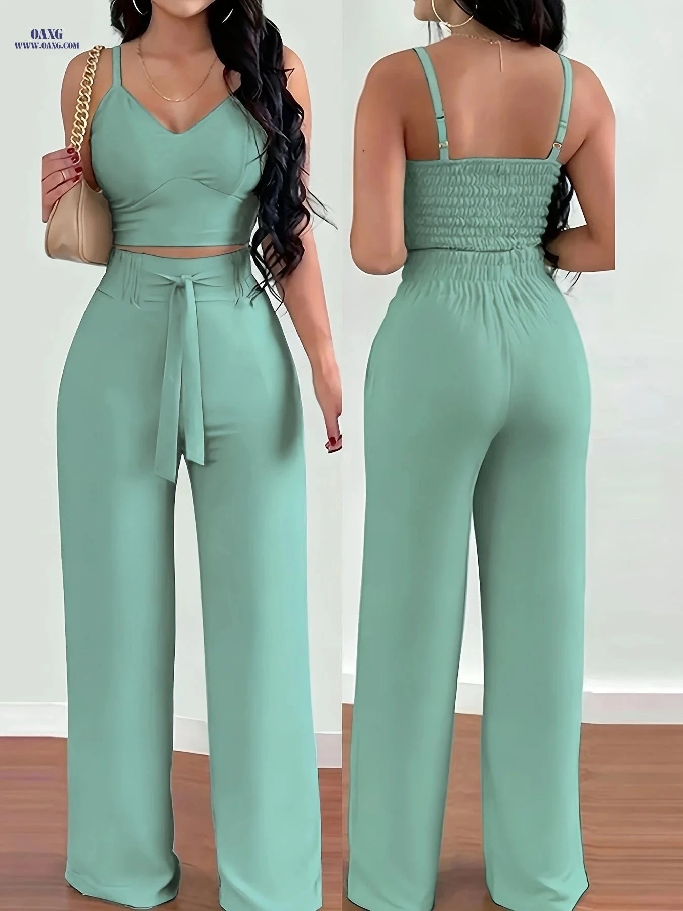 Elegant Women's 2-Piece Set - Thin Strap Camisole & Wide-Leg Pants   OAXG 