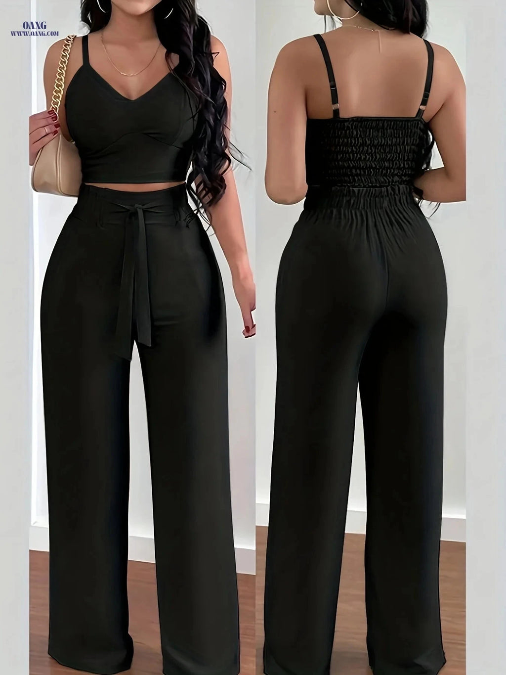 Elegant Women's 2-Piece Set - Thin Strap Camisole & Wide-Leg Pants   OAXG Black / XS
