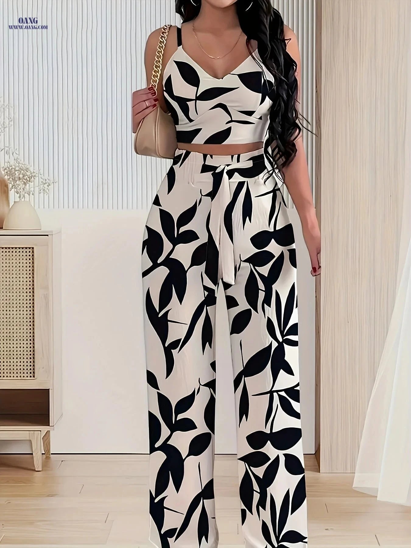 Elegant Women's 2-Piece Set - Thin Strap Camisole & Wide-Leg Pants   OAXG Black / XS
