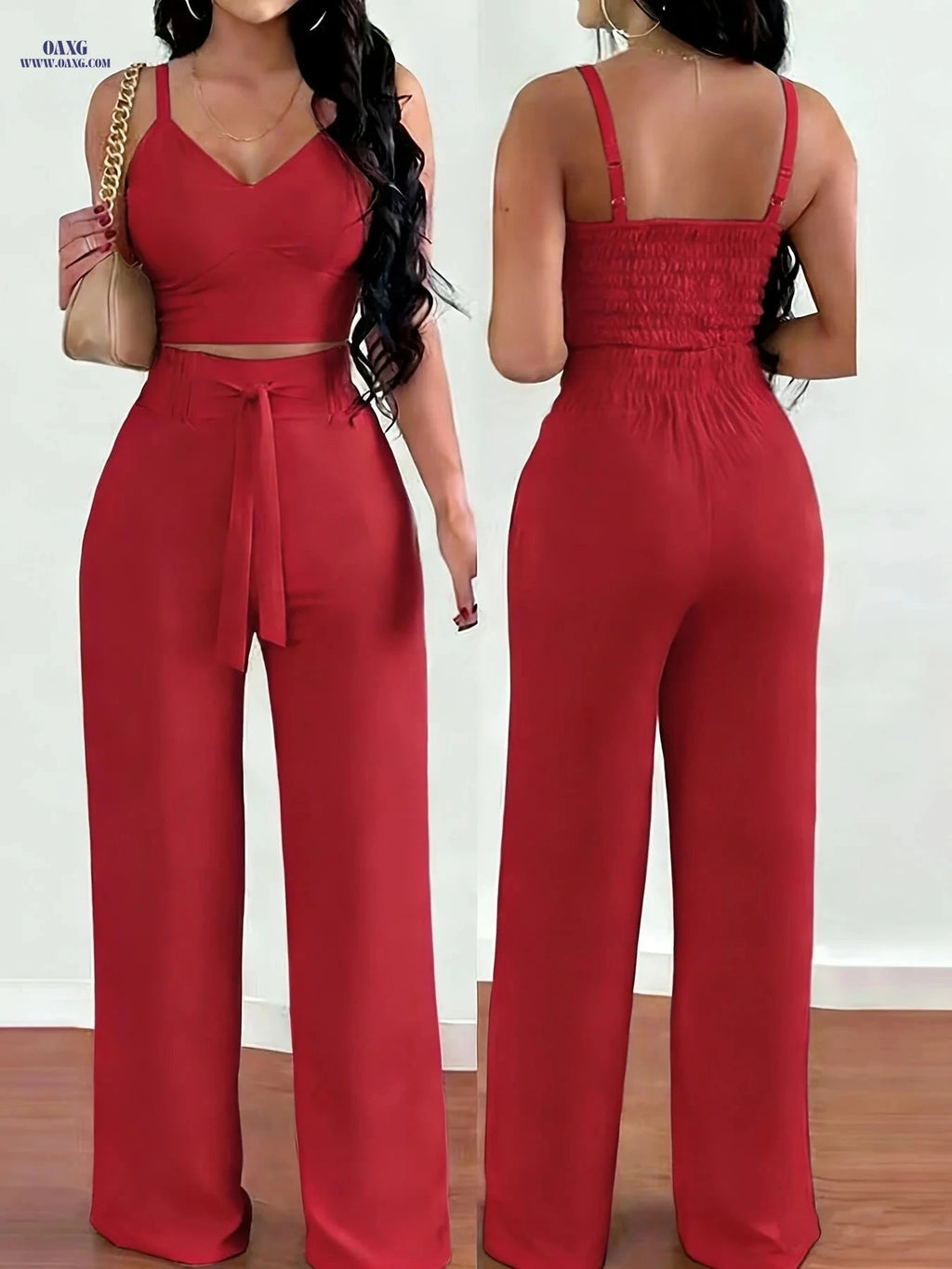 Elegant Women's 2-Piece Set - Thin Strap Camisole & Wide-Leg Pants   OAXG 