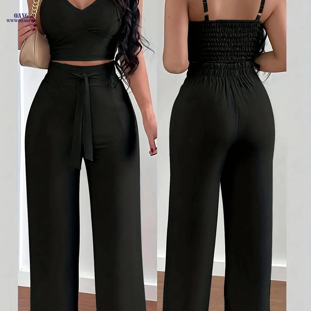 Elegant Women's 2-Piece Set - Thin Strap Camisole & Wide-Leg Pants   OAXG 